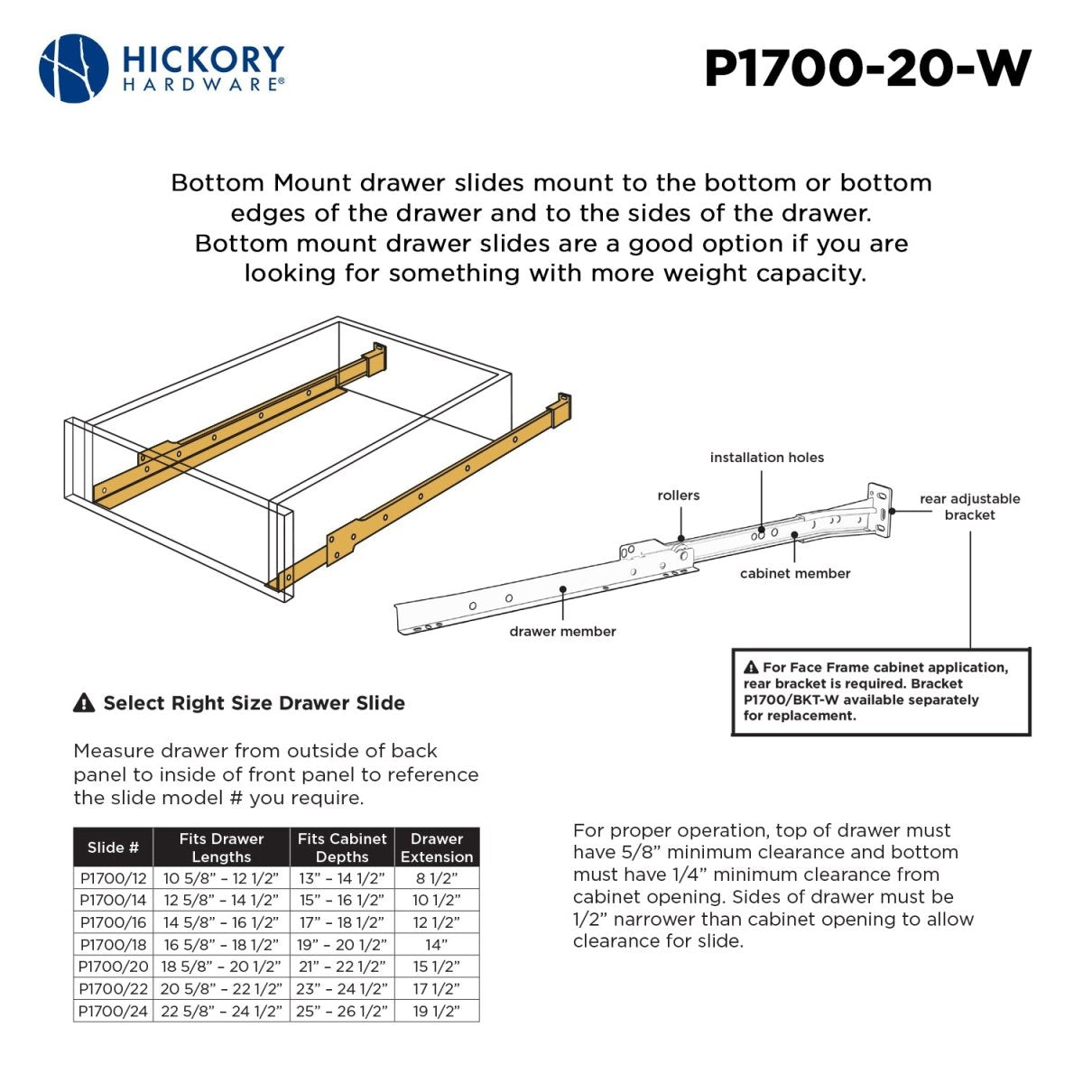 Drawer Slide Bottom Mount 3/4 Extension 12 Inch - Hickory Hardware
