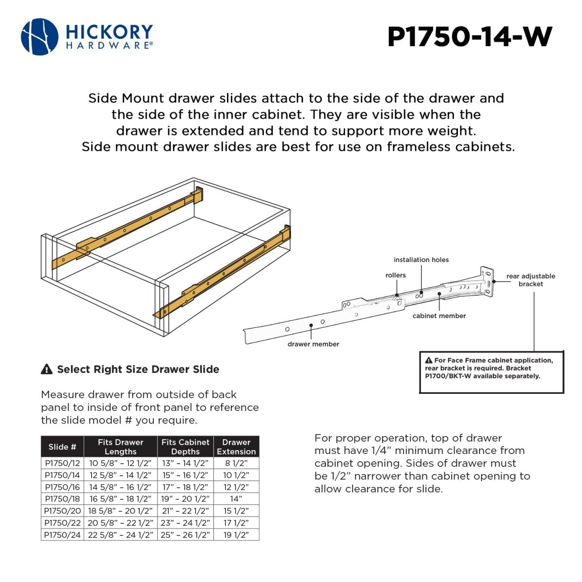Drawer Slide Side Mount 3/4 Extension 12 Inch - Hickory Hardware