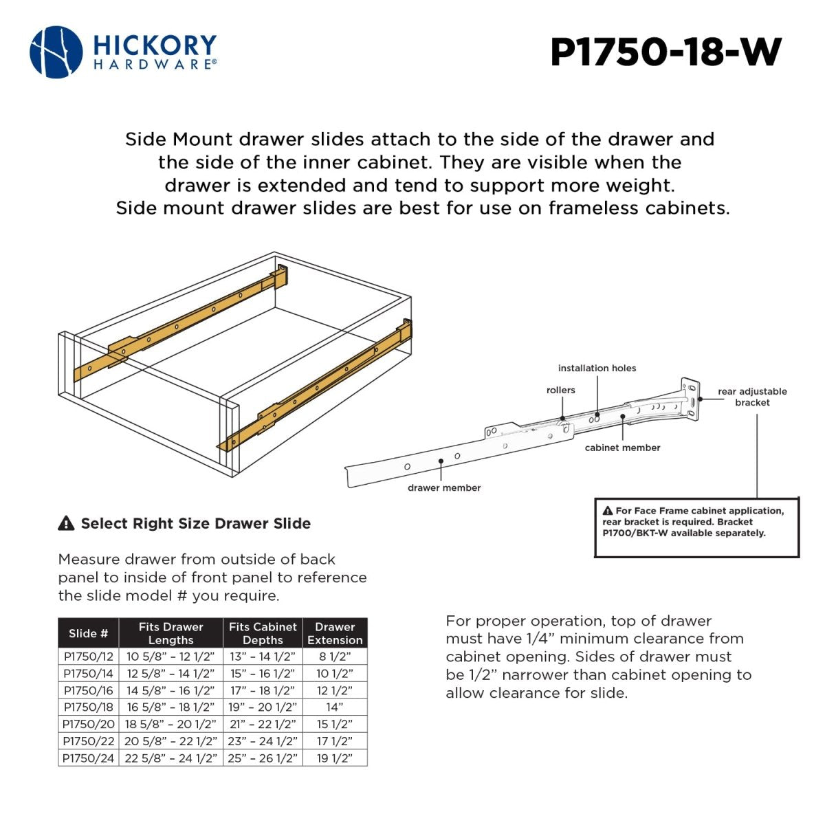 Drawer Slide Side Mount 3/4 Extension 12 Inch - Hickory Hardware