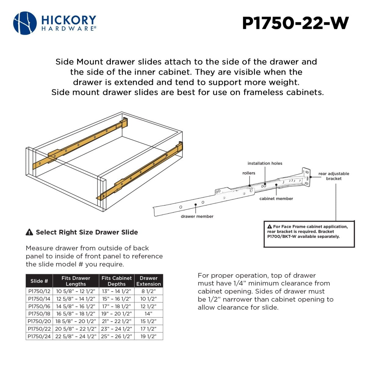 Drawer Slide Side Mount 3/4 Extension 12 Inch - Hickory Hardware