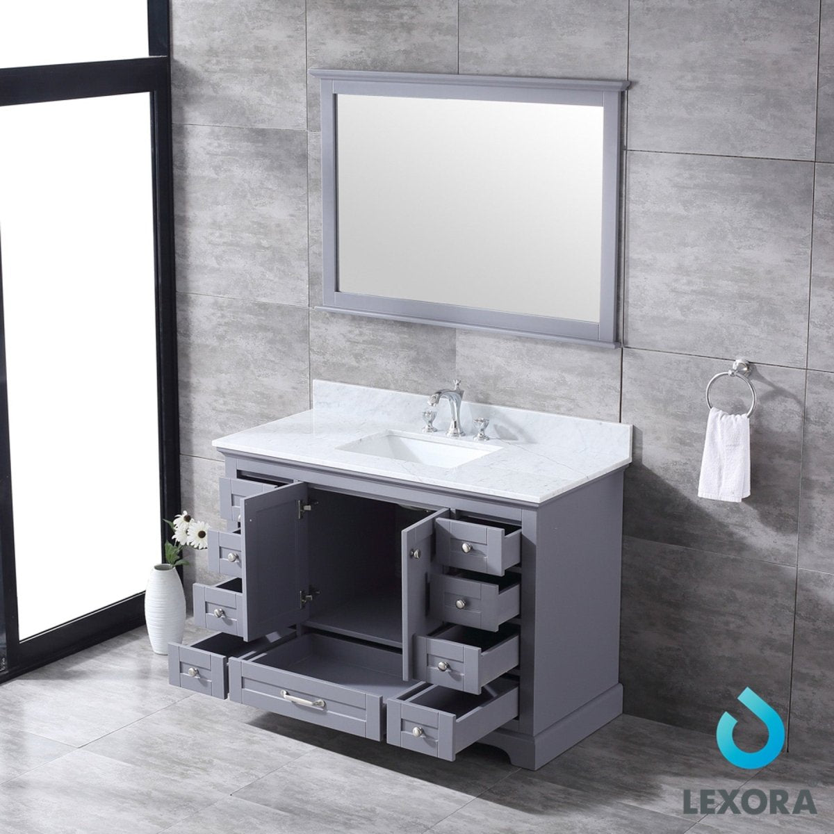 Dukes 48" Dark Grey Single Vanity, White Carrara Marble Top, White Square Sink and 46" Mirror