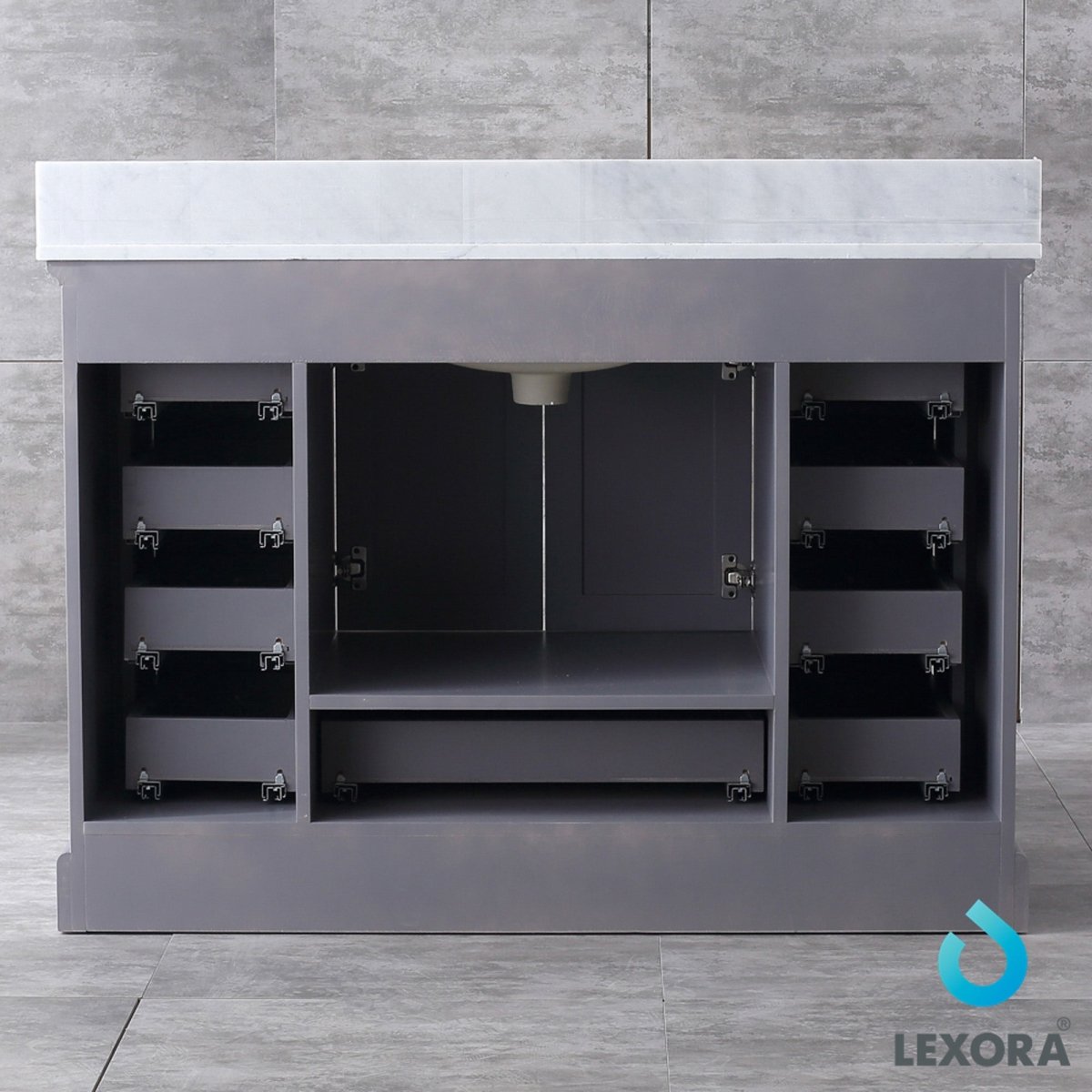 Dukes 48" Dark Grey Single Vanity, White Carrara Marble Top, White Square Sink and 46" Mirror
