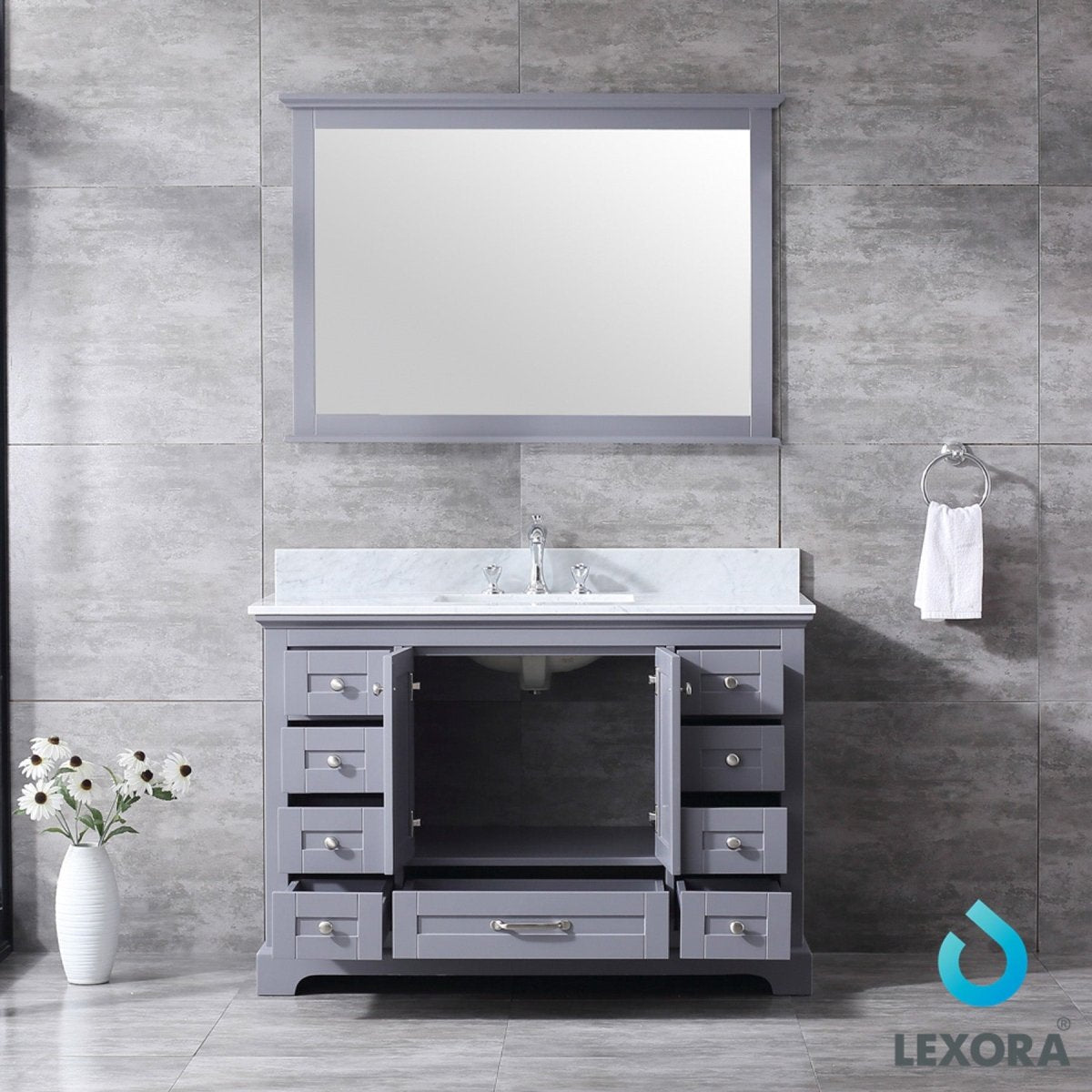 Dukes 48" Dark Grey Single Vanity, White Carrara Marble Top, White Square Sink and 46" Mirror