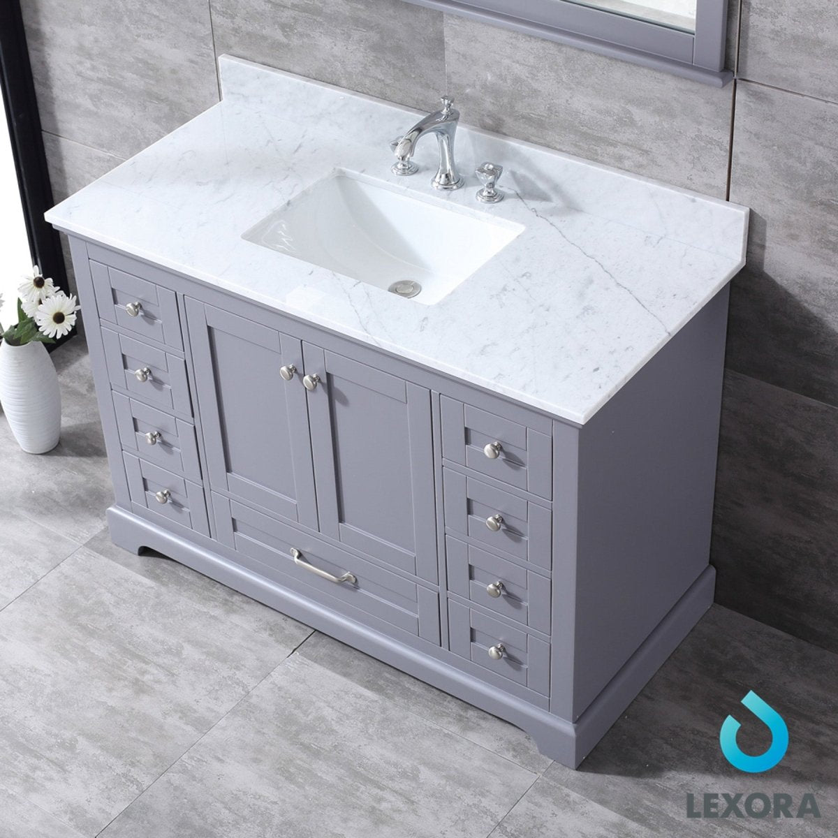 Dukes 48" Dark Grey Single Vanity, White Carrara Marble Top, White Square Sink and 46" Mirror