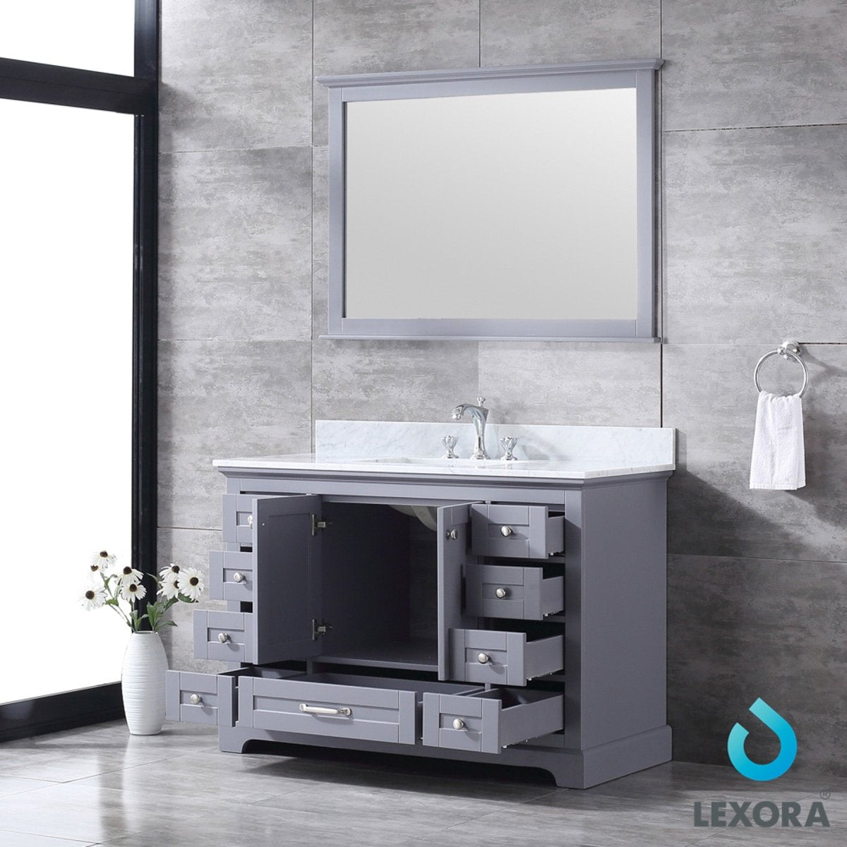 Dukes 48" Dark Grey Single Vanity, White Carrara Marble Top, White Square Sink and 46" Mirror w/ Faucet