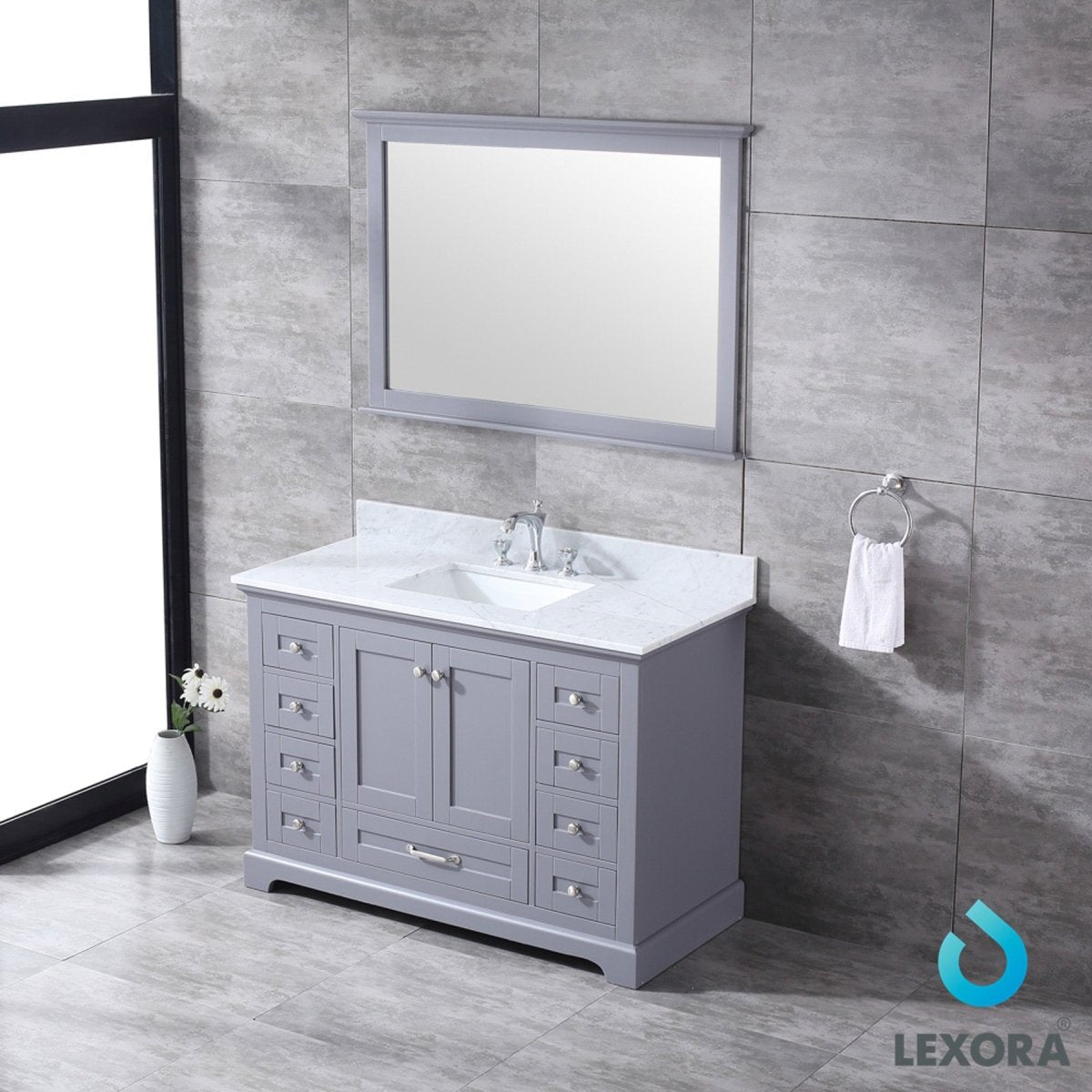 Dukes 48" Dark Grey Single Vanity, White Carrara Marble Top, White Square Sink and 46" Mirror w/ Faucet