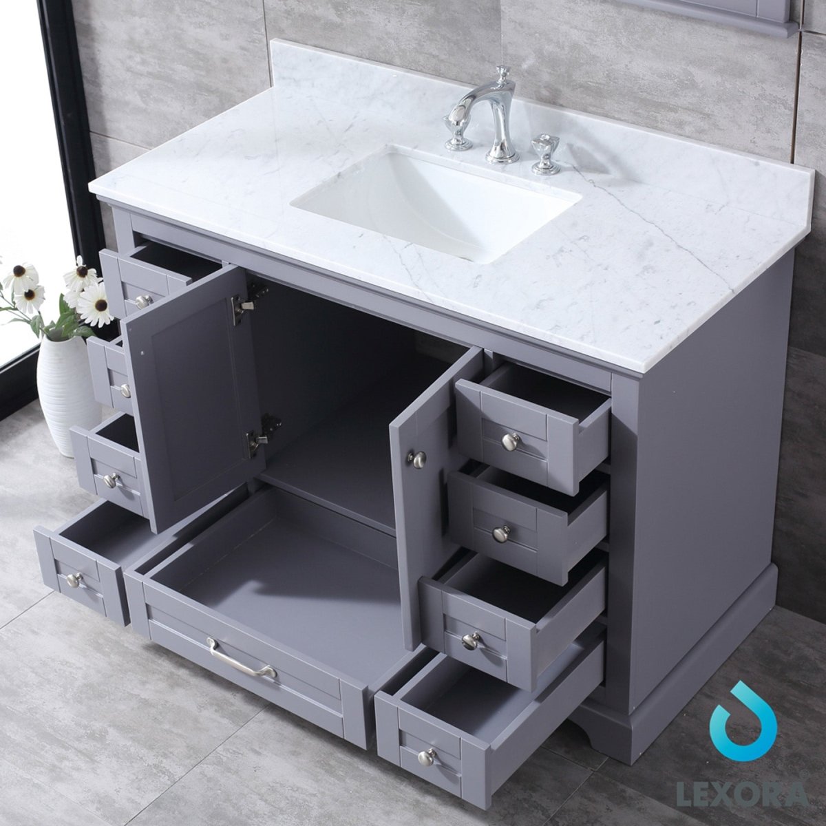 Dukes 48" Dark Grey Single Vanity, White Carrara Marble Top, White Square Sink and 46" Mirror w/ Faucet