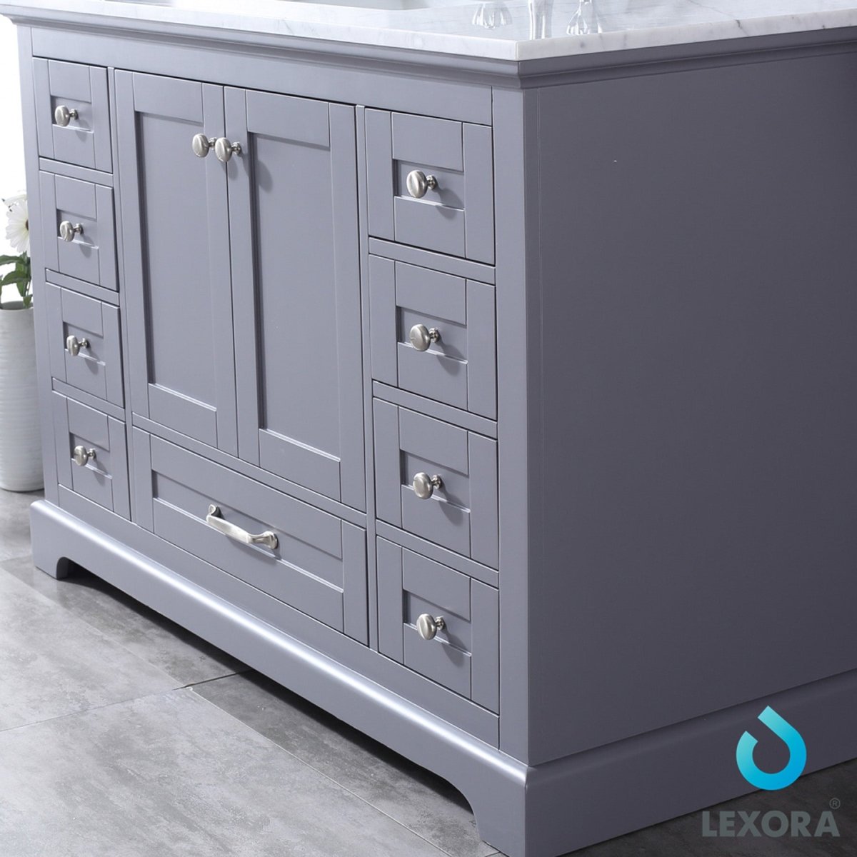Dukes 48" Dark Grey Single Vanity, White Carrara Marble Top, White Square Sink and 46" Mirror w/ Faucet