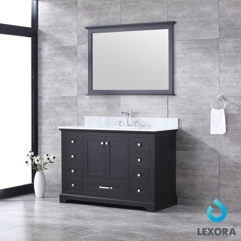 Dukes 48" Espresso Single Vanity, White Carrara Marble Top, White Square Sink and 46" Mirror