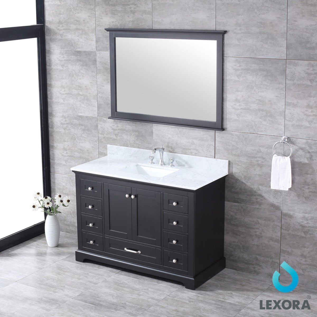 Dukes 48" Espresso Single Vanity, White Carrara Marble Top, White Square Sink and 46" Mirror