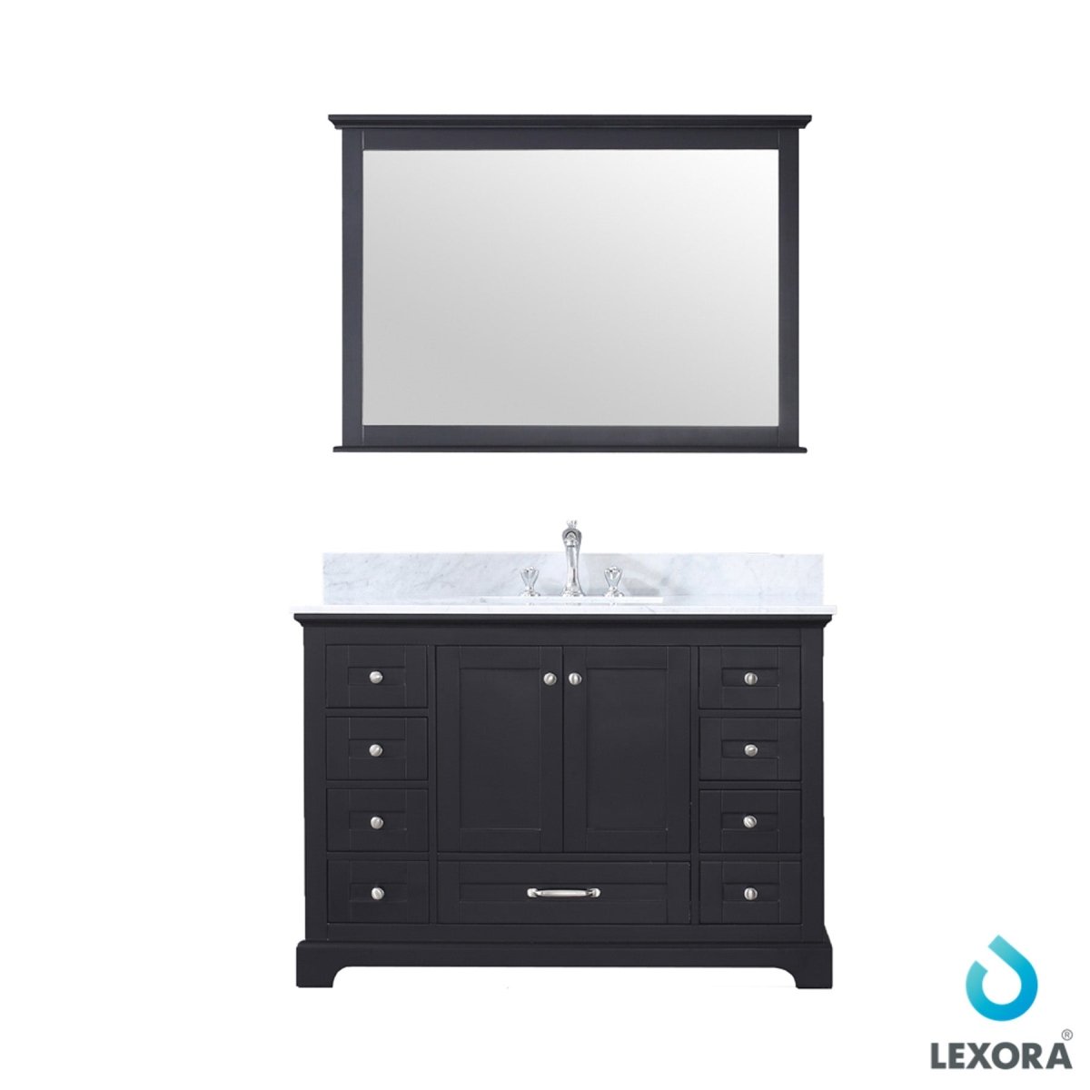 Dukes 48" Espresso Single Vanity, White Carrara Marble Top, White Square Sink and 46" Mirror