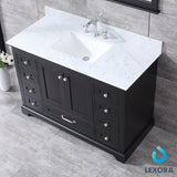 Dukes 48" Espresso Single Vanity, White Carrara Marble Top, White Square Sink and 46" Mirror w/ Faucet