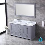 Dukes 60" Dark Grey Double Vanity, White Carrara Marble Top, White Square Sinks and 58" Mirror