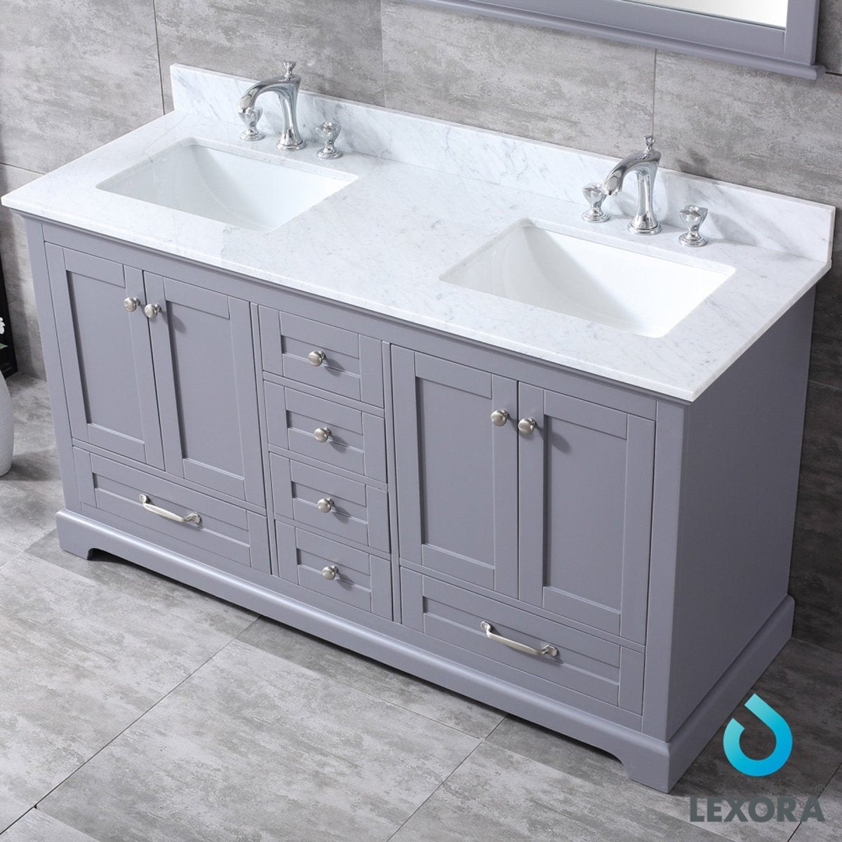 Dukes 60" Dark Grey Double Vanity, White Carrara Marble Top, White Square Sinks and 58" Mirror w/ Faucets