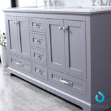 Dukes 60" Dark Grey Double Vanity, White Carrara Marble Top, White Square Sinks and 58" Mirror w/ Faucets