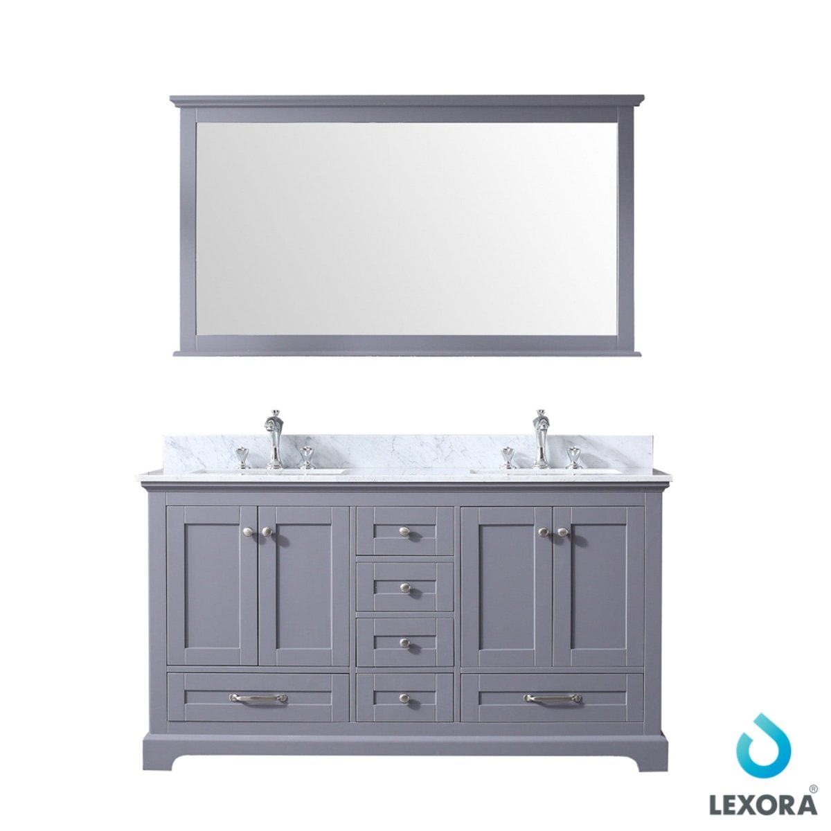 Dukes 60" Dark Grey Double Vanity, White Carrara Marble Top, White Square Sinks and 58" Mirror w/ Faucets