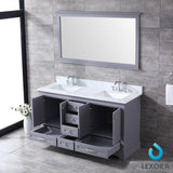 Dukes 60" Dark Grey Double Vanity, White Carrara Marble Top, White Square Sinks and 58" Mirror w/ Faucets
