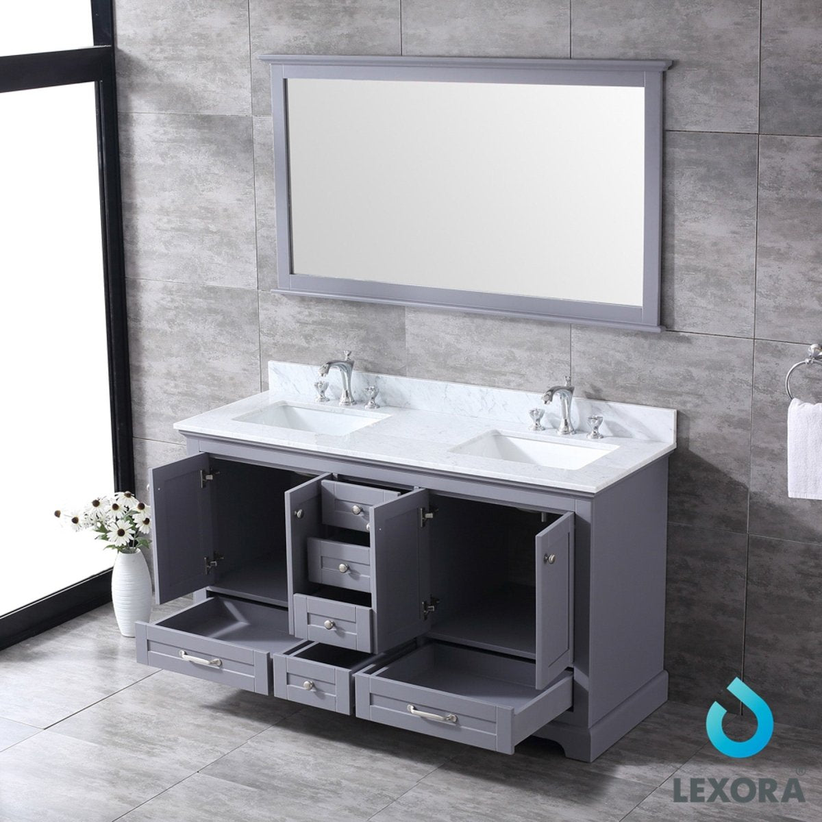 Dukes 60" Dark Grey Double Vanity, White Carrara Marble Top, White Square Sinks and 58" Mirror w/ Faucets