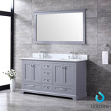 Dukes 60" Dark Grey Double Vanity, White Carrara Marble Top, White Square Sinks and 58" Mirror w/ Faucets