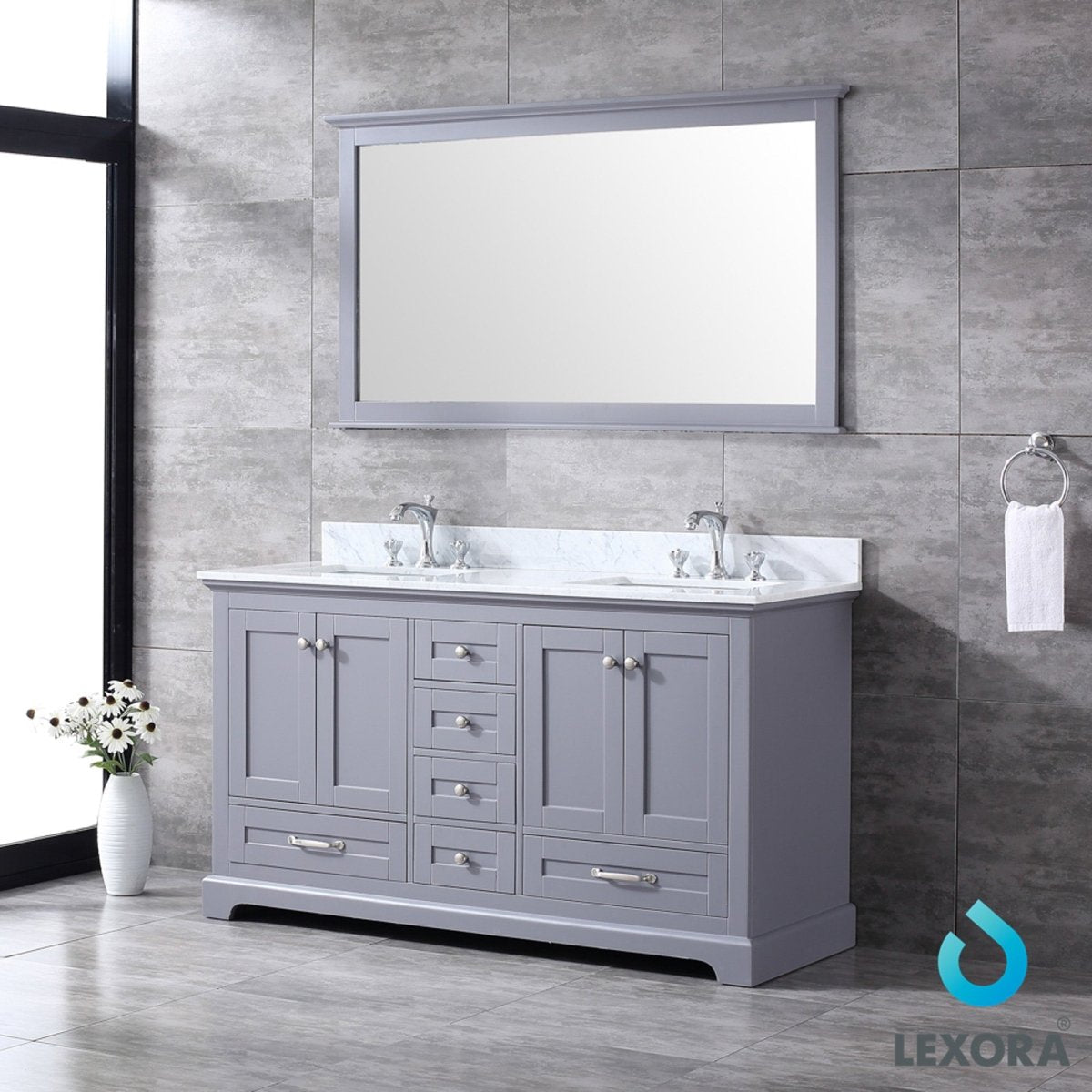 Dukes 60" Dark Grey Double Vanity, White Carrara Marble Top, White Square Sinks and 58" Mirror w/ Faucets