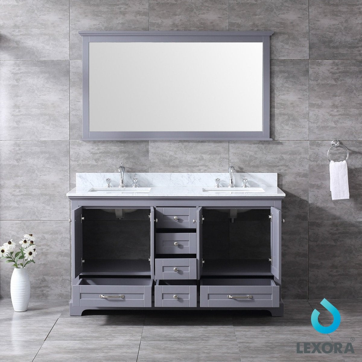 Dukes 60" Dark Grey Double Vanity, White Carrara Marble Top, White Square Sinks and 58" Mirror w/ Faucets