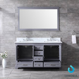 Dukes 60" Dark Grey Double Vanity, White Carrara Marble Top, White Square Sinks and 58" Mirror w/ Faucets
