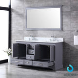 Dukes 60" Dark Grey Double Vanity, White Carrara Marble Top, White Square Sinks and 58" Mirror w/ Faucets