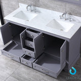 Dukes 60" Dark Grey Double Vanity, White Carrara Marble Top, White Square Sinks and 58" Mirror w/ Faucets