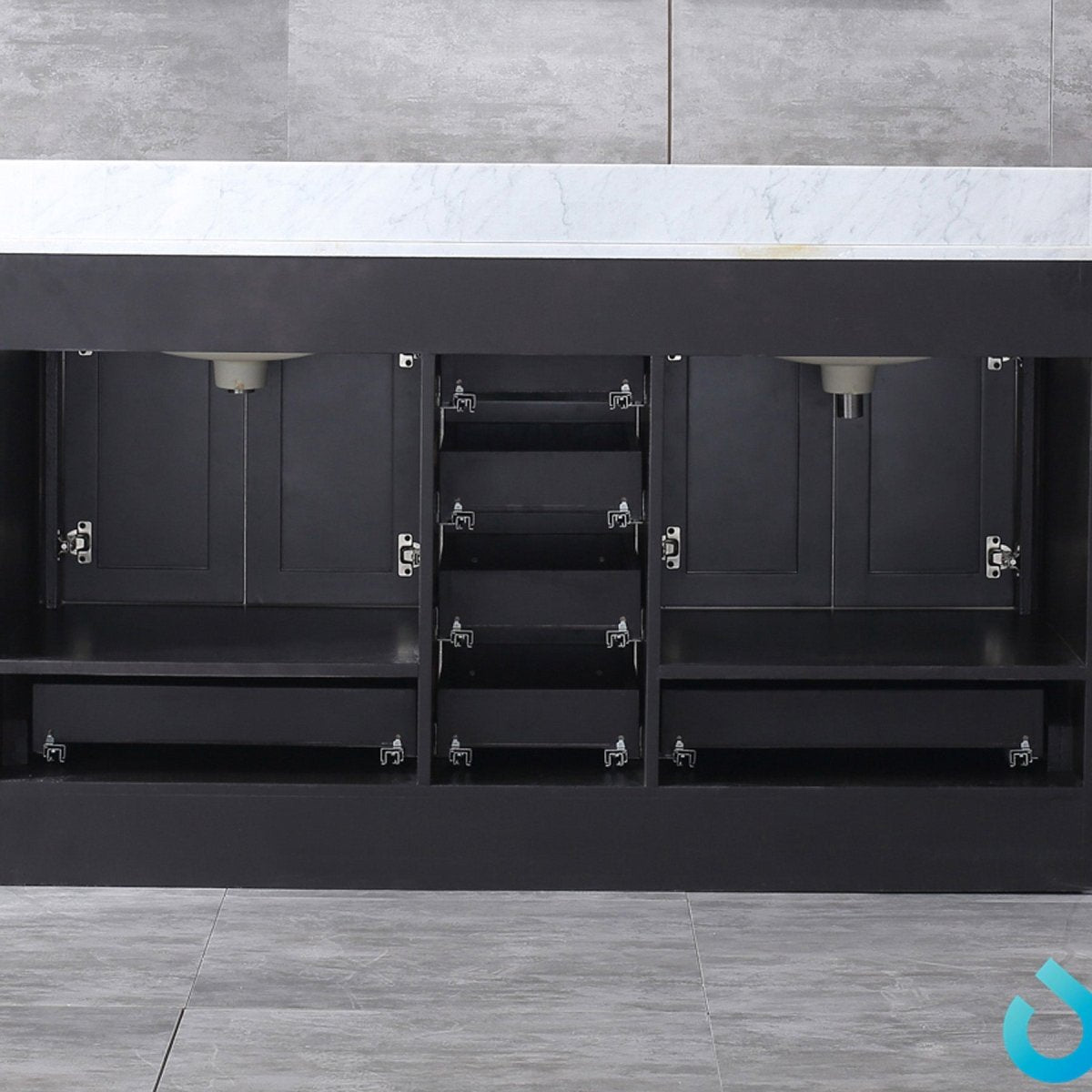 Dukes 60" Espresso Double Vanity, White Carrara Marble Top, White Square Sinks and 58" Mirror w/ Faucets