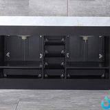 Dukes 60" Espresso Double Vanity, White Carrara Marble Top, White Square Sinks and 58" Mirror w/ Faucets