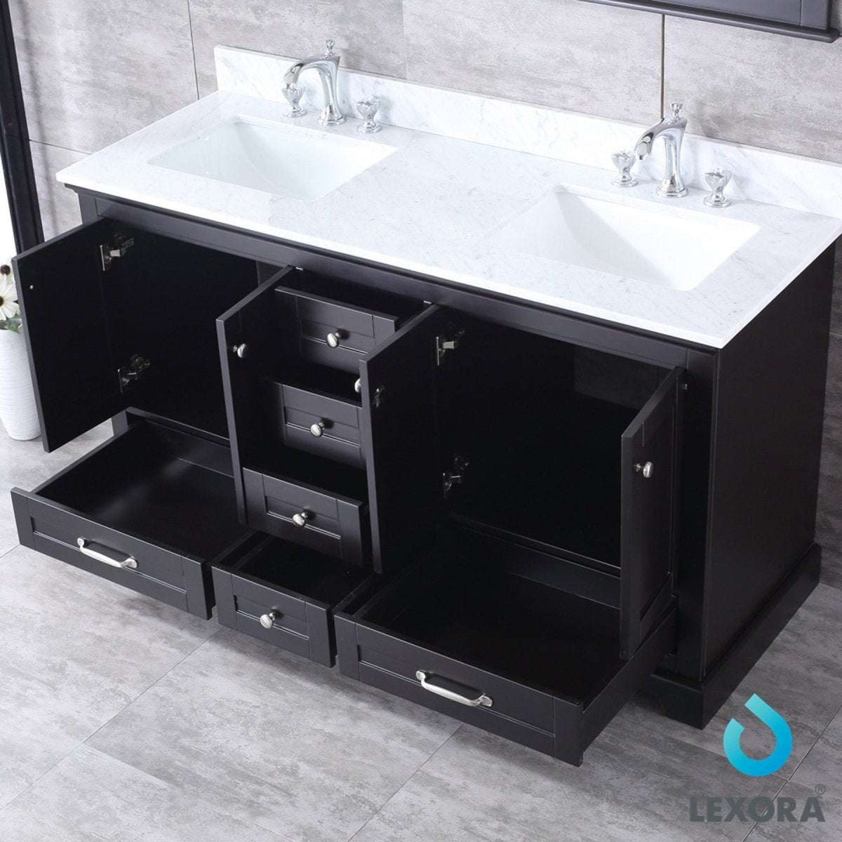 Dukes 60" Espresso Double Vanity, White Carrara Marble Top, White Square Sinks and 58" Mirror w/ Faucets