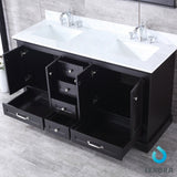Dukes 60" Espresso Double Vanity, White Carrara Marble Top, White Square Sinks and 58" Mirror w/ Faucets