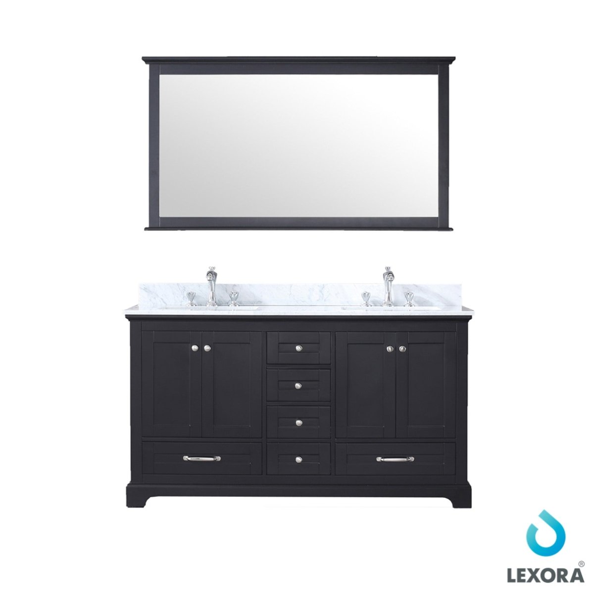Dukes 60" Espresso Double Vanity, White Carrara Marble Top, White Square Sinks and 58" Mirror w/ Faucets
