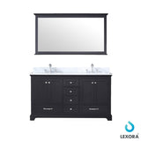 Dukes 60" Espresso Double Vanity, White Carrara Marble Top, White Square Sinks and 58" Mirror w/ Faucets