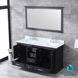 Dukes 60" Espresso Double Vanity, White Carrara Marble Top, White Square Sinks and 58" Mirror w/ Faucets