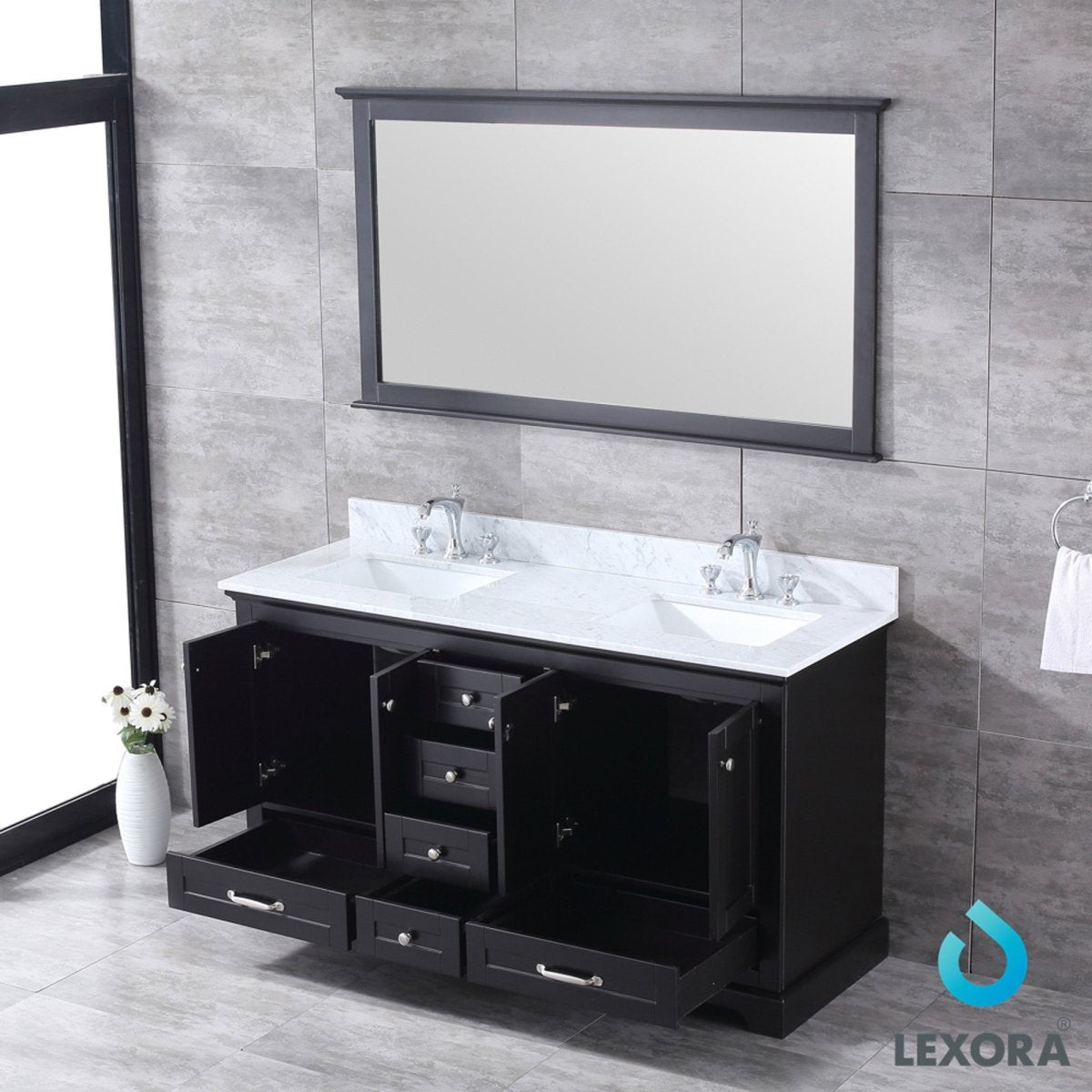 Dukes 60" Espresso Double Vanity, White Carrara Marble Top, White Square Sinks and 58" Mirror w/ Faucets
