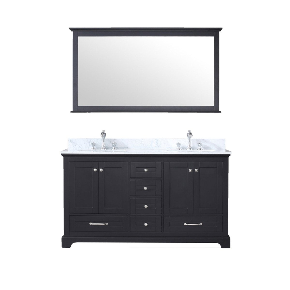 Dukes 60" Espresso Double Vanity, White Carrara Marble Top, White Square Sinks and 58" Mirror w/ Faucets