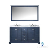 Dukes 60" Navy Blue Double Vanity, White Carrara Marble Top, White Square Sinks and 58" Mirror