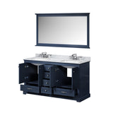 Dukes 60" Navy Blue Double Vanity, White Carrara Marble Top, White Square Sinks and 58" Mirror