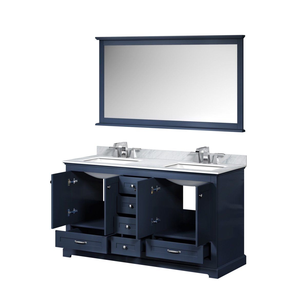 Dukes 60" Navy Blue Double Vanity, White Carrara Marble Top, White Square Sinks and 58" Mirror