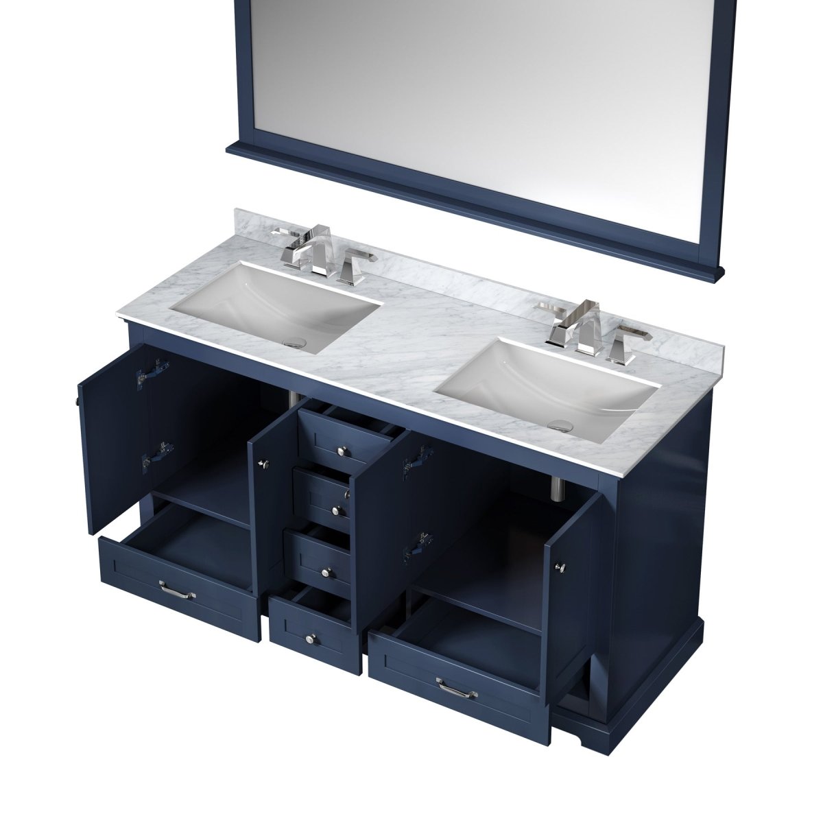Dukes 60" Navy Blue Double Vanity, White Carrara Marble Top, White Square Sinks and 58" Mirror