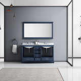 Dukes 60" Navy Blue Double Vanity, White Carrara Marble Top, White Square Sinks and 58" Mirror w/ Faucets