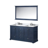 Dukes 60" Navy Blue Double Vanity, White Carrara Marble Top, White Square Sinks and 58" Mirror w/ Faucets