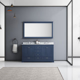 Dukes 60" Navy Blue Double Vanity, White Carrara Marble Top, White Square Sinks and 58" Mirror w/ Faucets