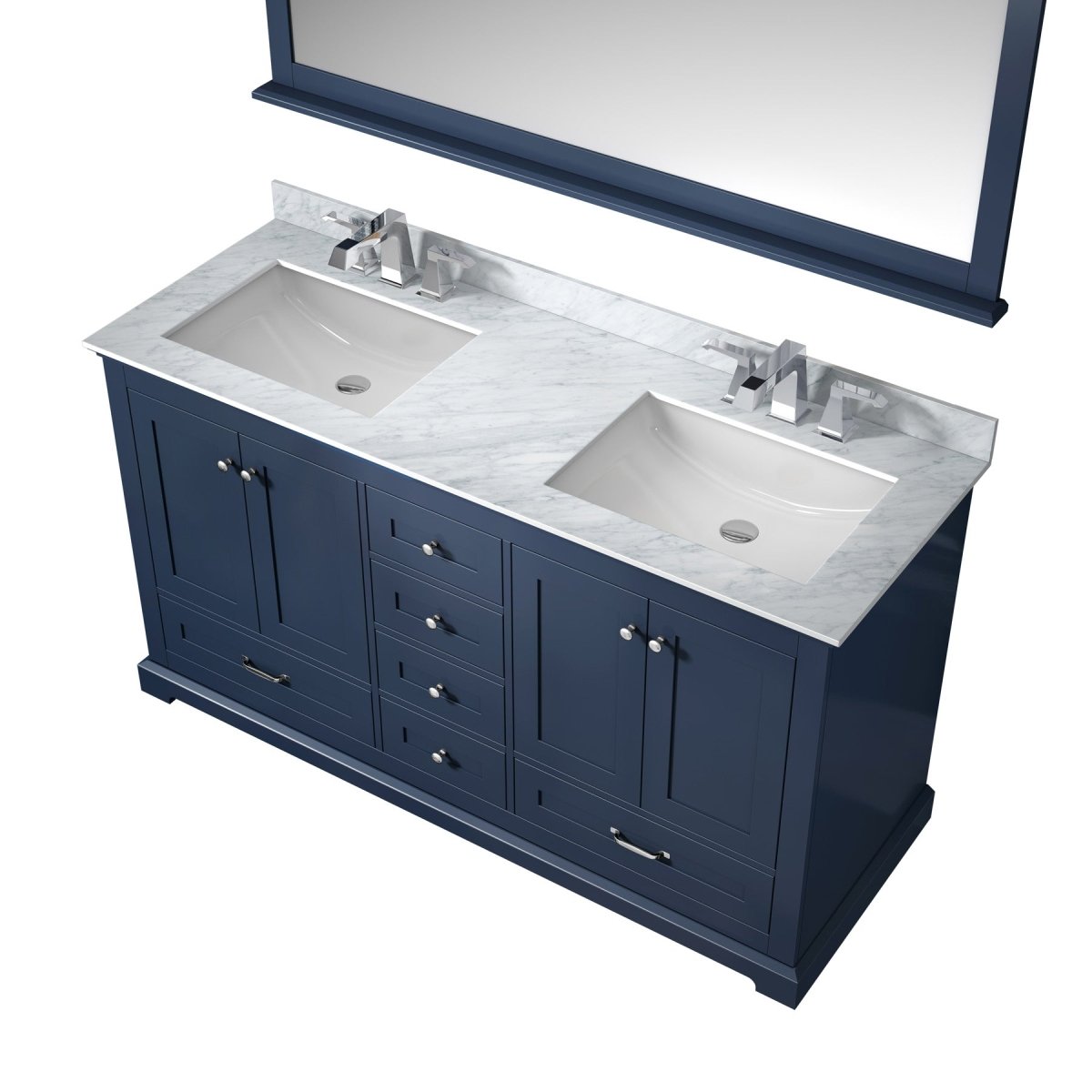 Dukes 60" Navy Blue Double Vanity, White Carrara Marble Top, White Square Sinks and 58" Mirror w/ Faucets