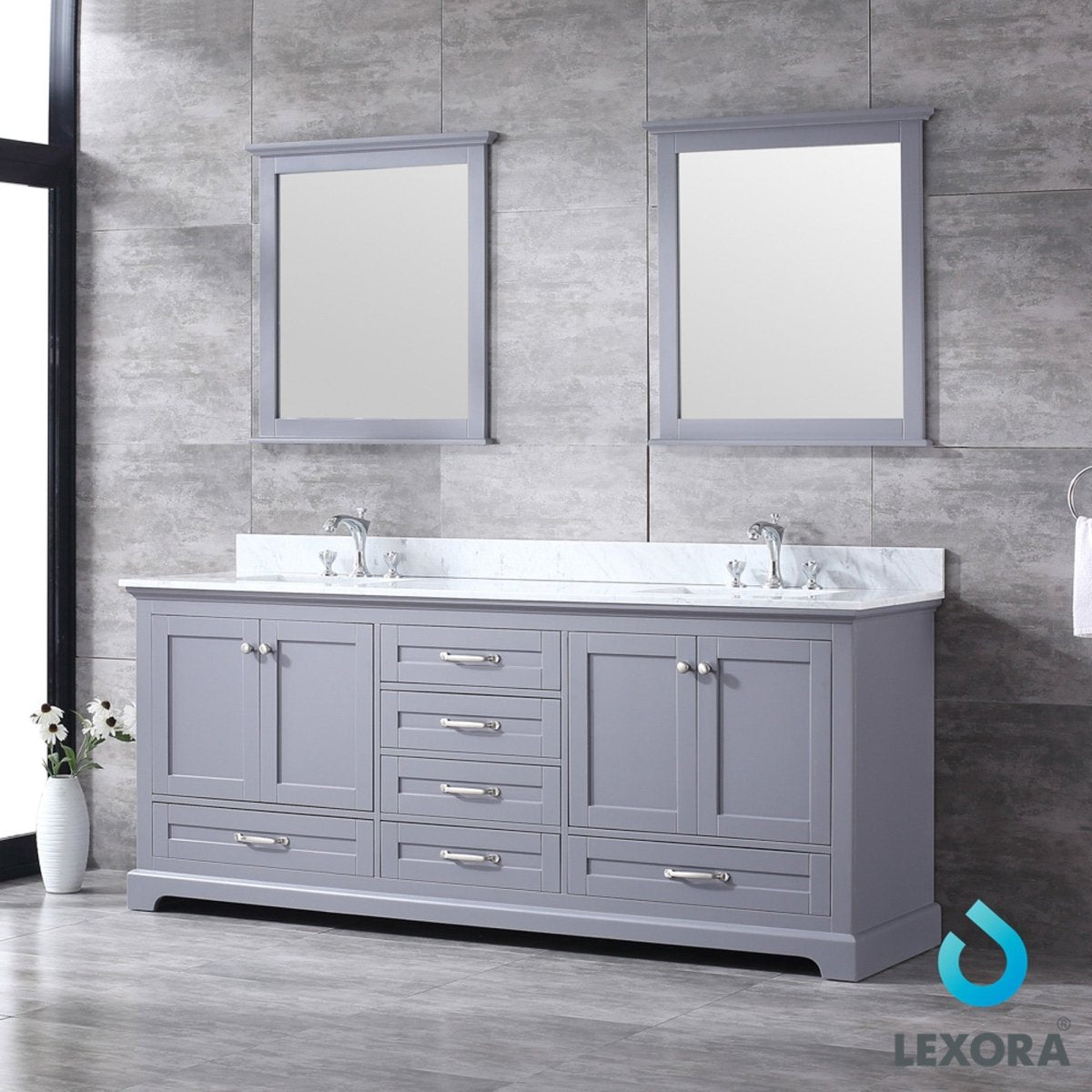 Dukes 80" Dark Grey Double Vanity, White Carrara Marble Top, White Square Sinks and 30" Mirrors