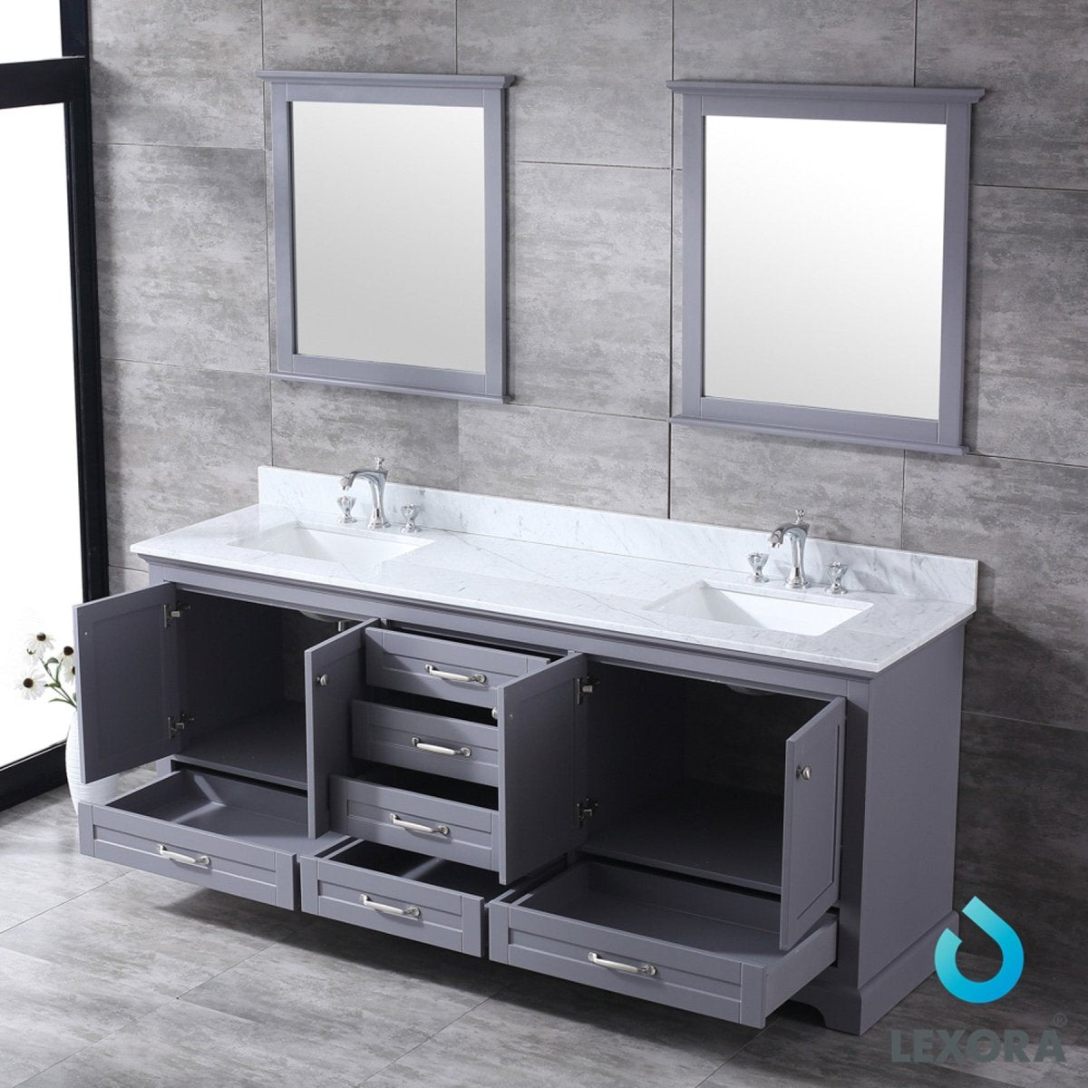 Dukes 80" Dark Grey Double Vanity, White Carrara Marble Top, White Square Sinks and 30" Mirrors