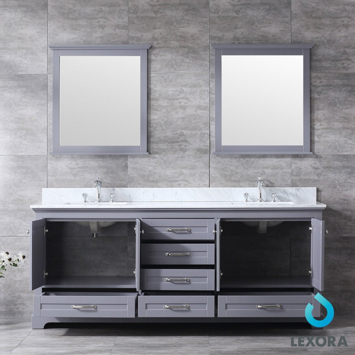 Dukes 80" Dark Grey Double Vanity, White Carrara Marble Top, White Square Sinks and 30" Mirrors