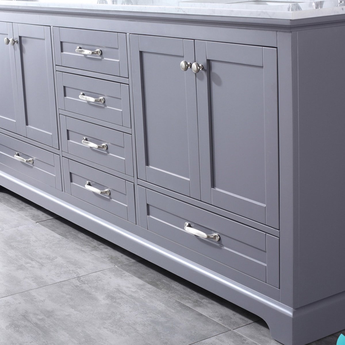 Dukes 80" Dark Grey Double Vanity, White Carrara Marble Top, White Square Sinks and 30" Mirrors