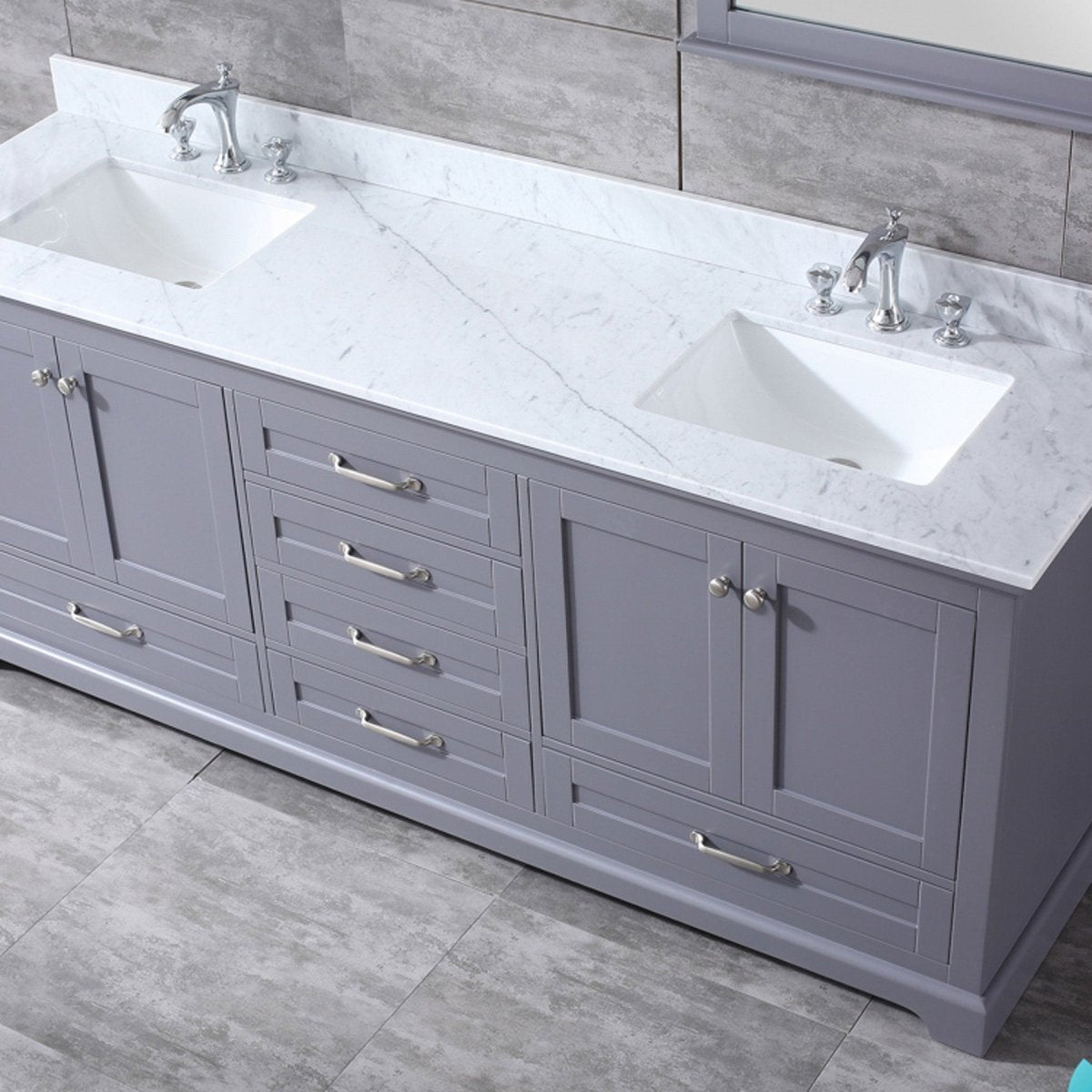 Dukes 80" Dark Grey Double Vanity, White Carrara Marble Top, White Square Sinks and 30" Mirrors w/ Faucets